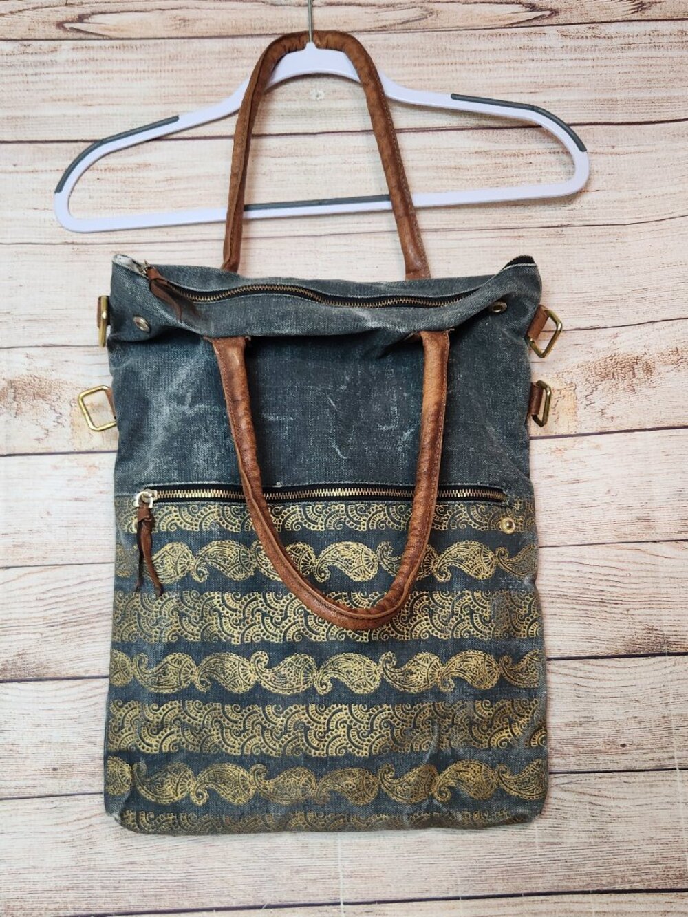 Mona B Denim & Gold Look Canvas Upcycled Drama Queen Foldover Crossbody Bag